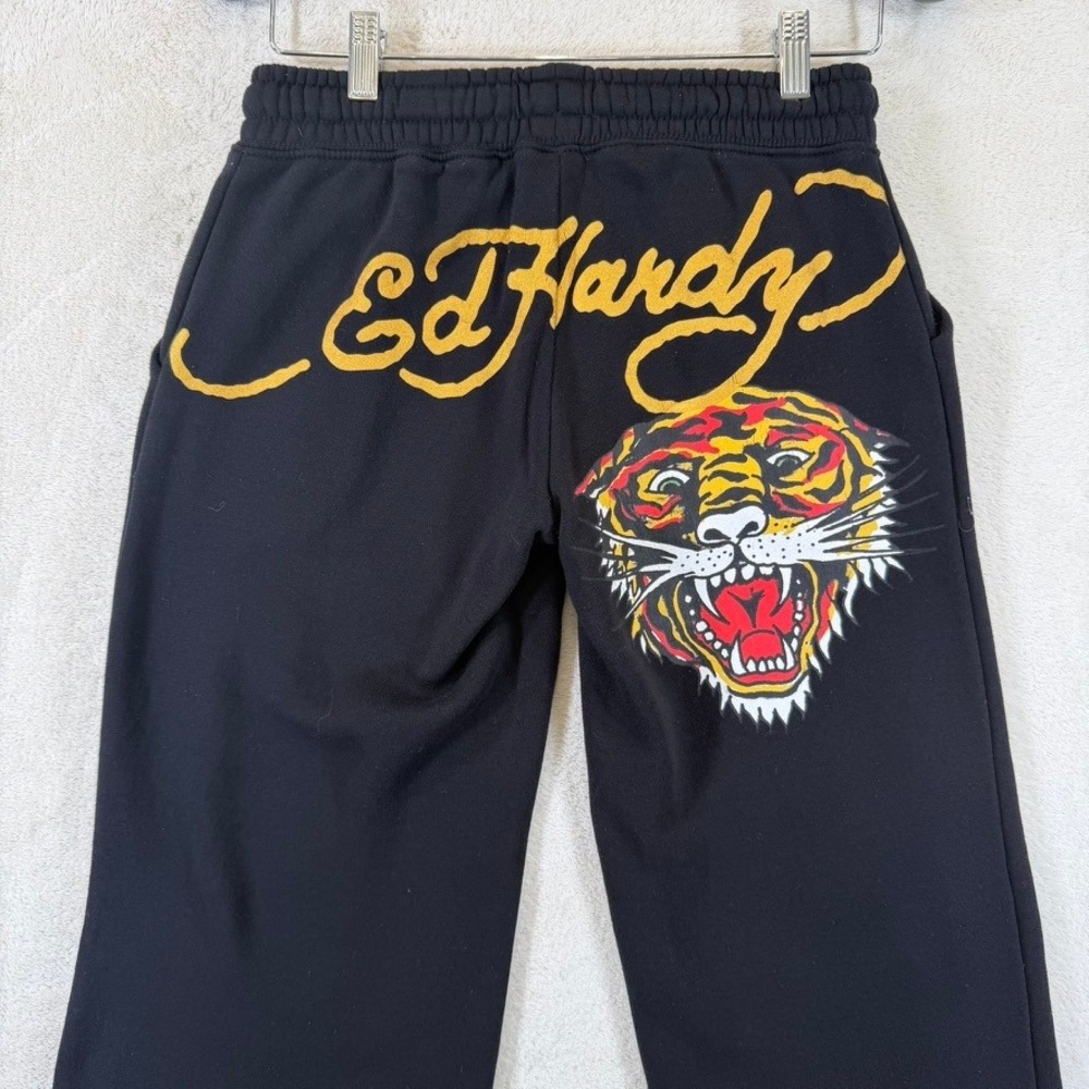 Ed Hardy Tiger Graphic Sweatpants Black Wide Leg Womens XS Retro Gold Foil Y2K - Picture 5 of 12